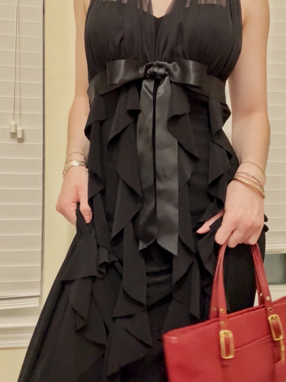Black Ruffled Satin-Trim Evening Dress